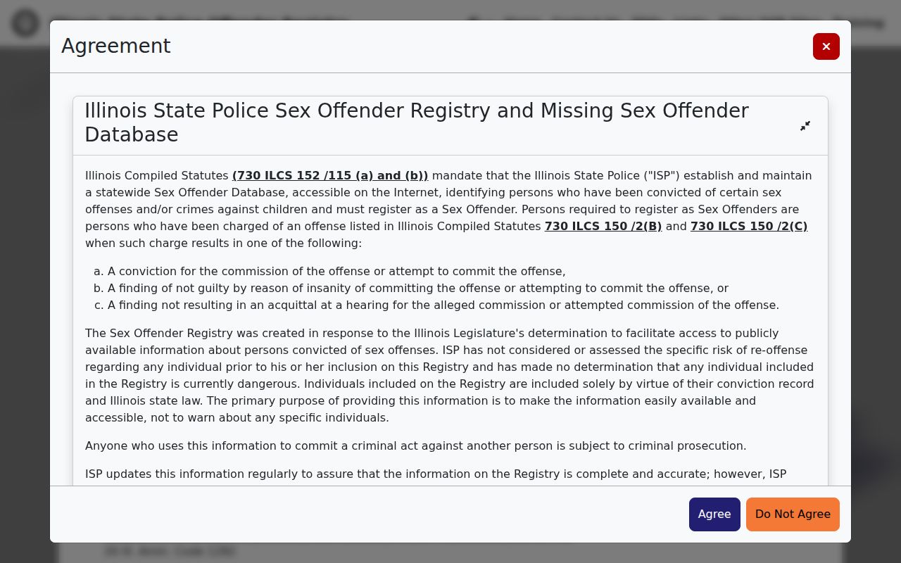 Illinois State Police registry disclaimer and misuse notice